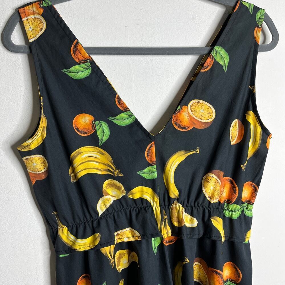 Lumina Women's Sun Dress Size M Black Fruit Print Sleeveless Fit & Flare V-Neck - Picture 3 of 9